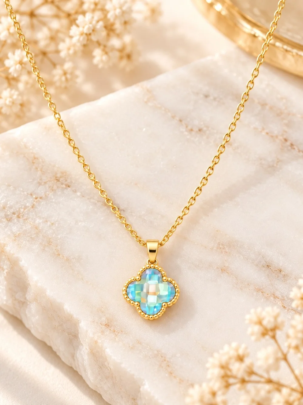 14k. Laminated Gold Clover Pendant Necklace with Blue Opal Accent